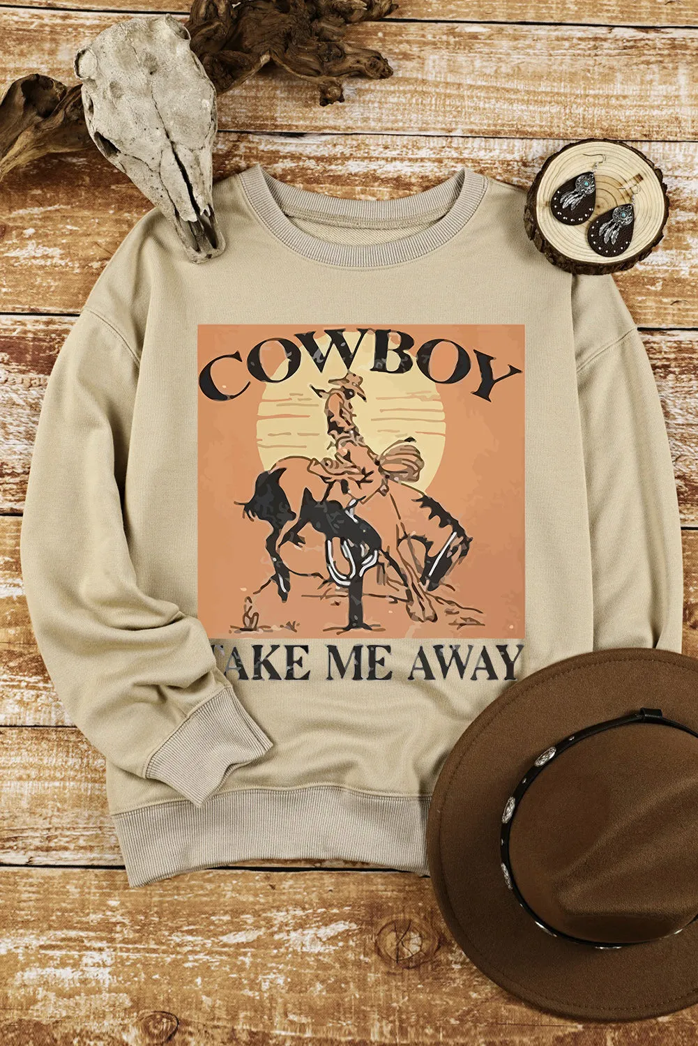 Khaki COWBOY Take Me Away Graphic Print Pullover Sweatshirt