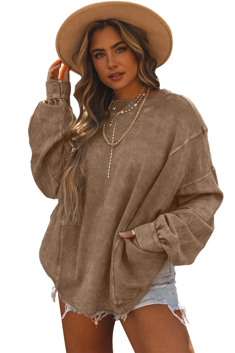 Khaki Exposed Seam Twist Open Back Oversized Sweatshirt