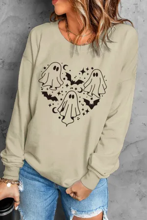 Khaki Halloween Ghosts and Bats Heart-shaped Graphic Sweatshirt