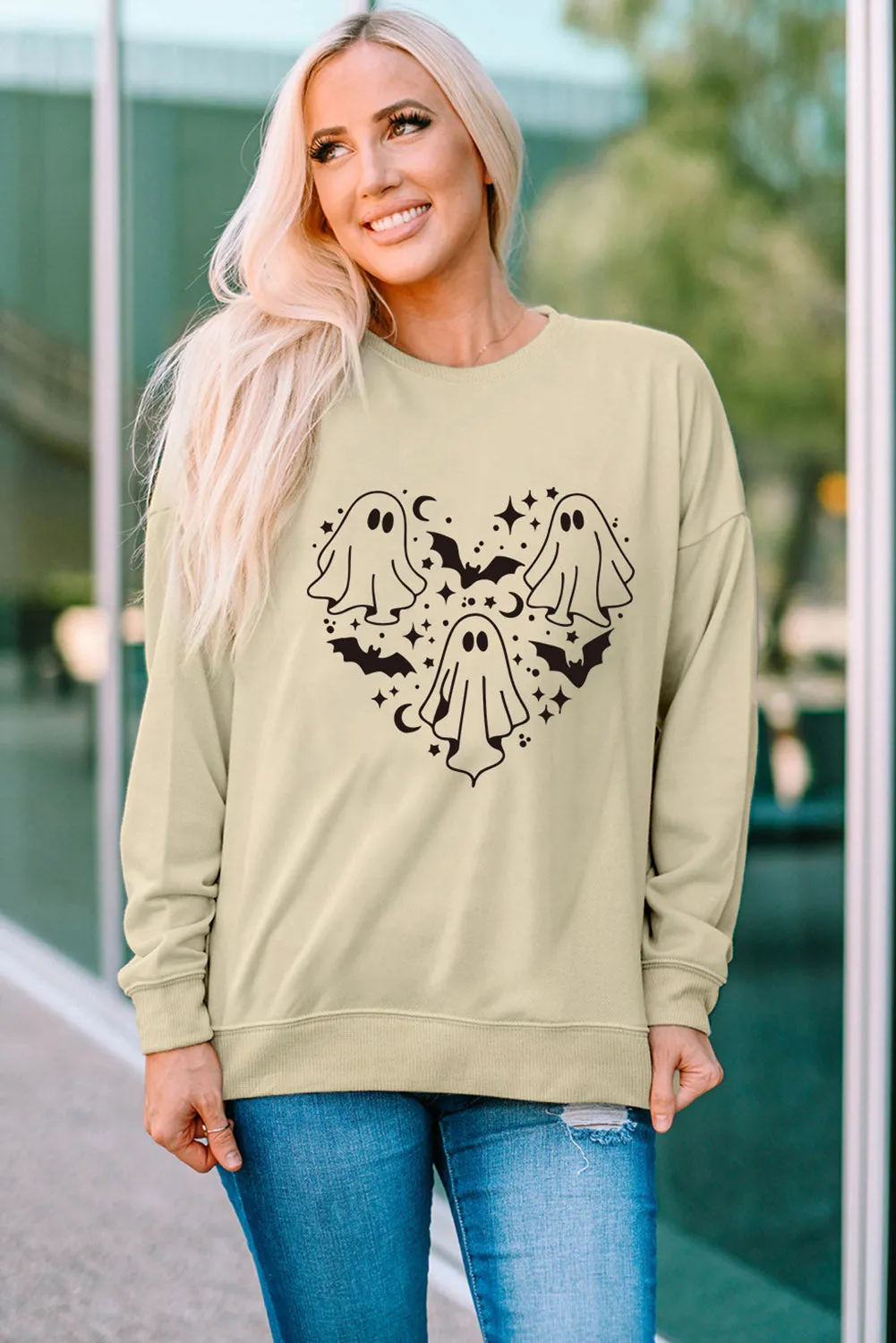 Khaki Halloween Ghosts and Bats Heart-shaped Graphic Sweatshirt