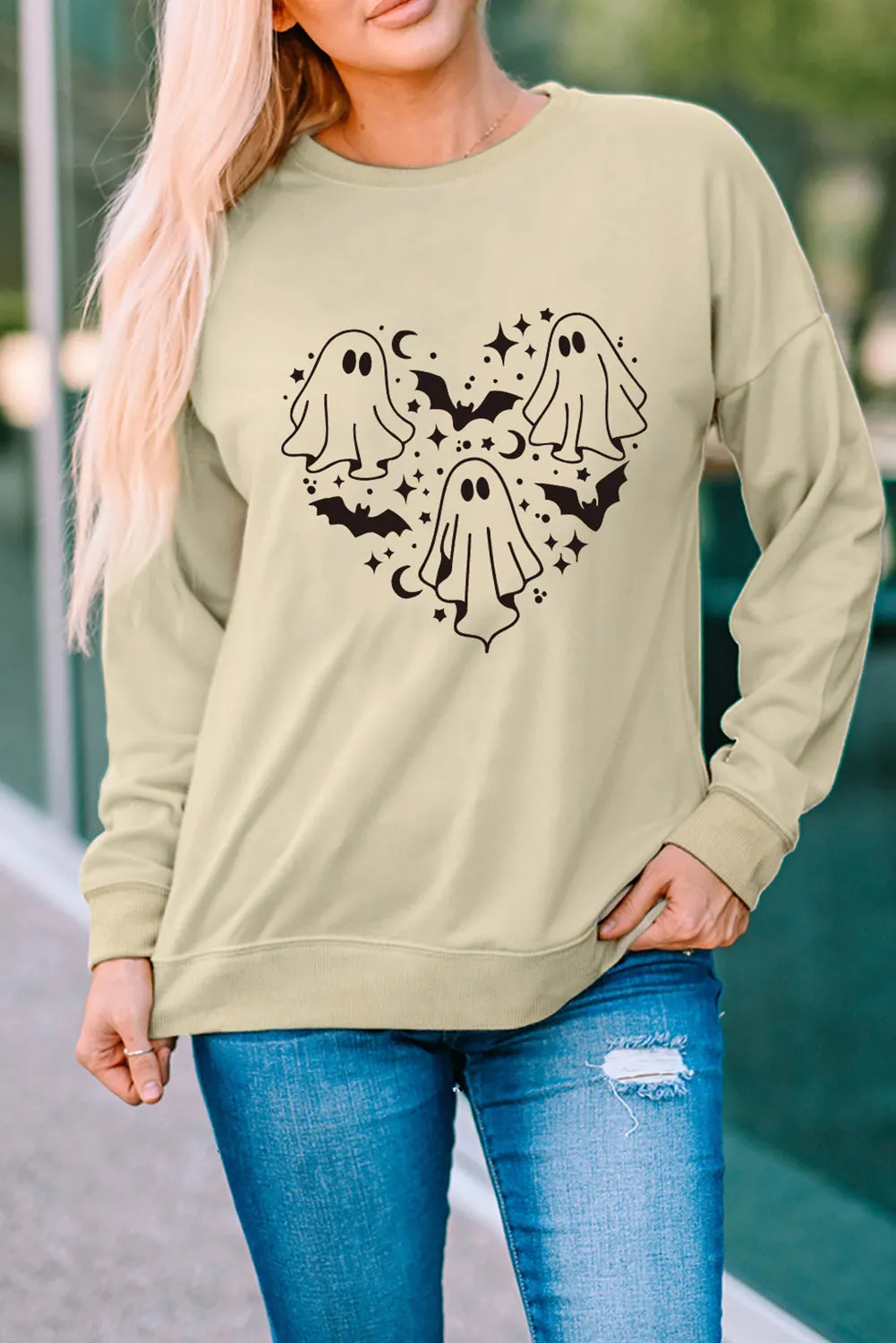 Khaki Halloween Ghosts and Bats Heart-shaped Graphic Sweatshirt