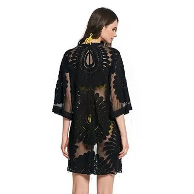 Lace & Embroidery Delight: Sheer Tunic Dress Cover-Up