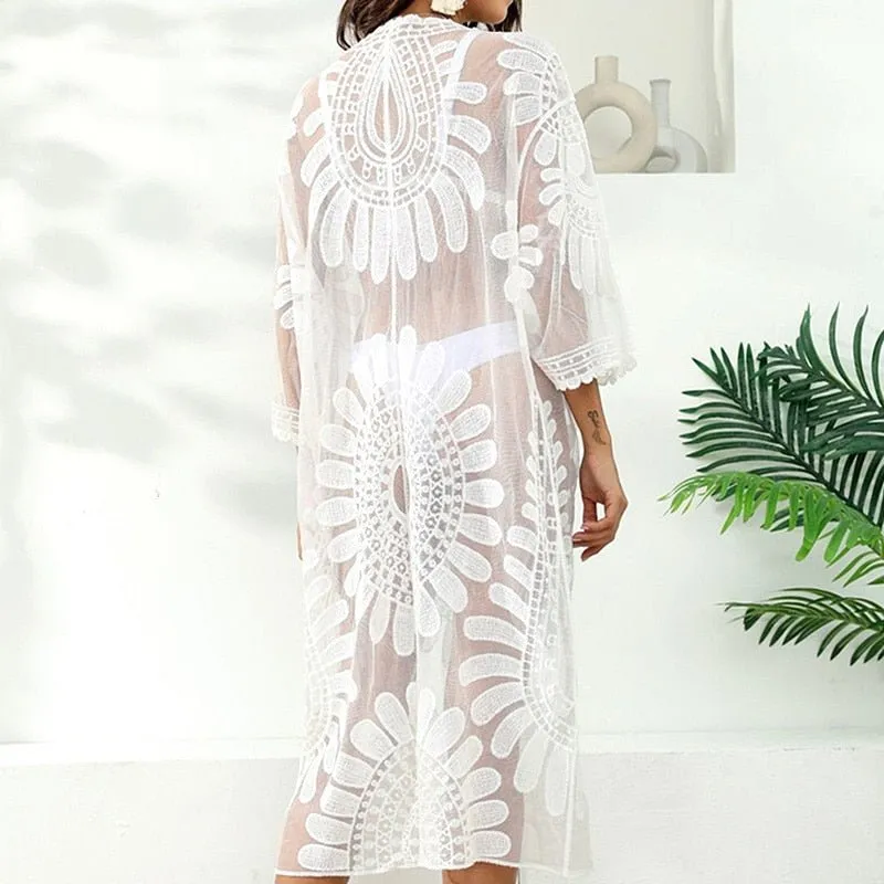 Lace & Embroidery Delight: Sheer Tunic Dress Cover-Up