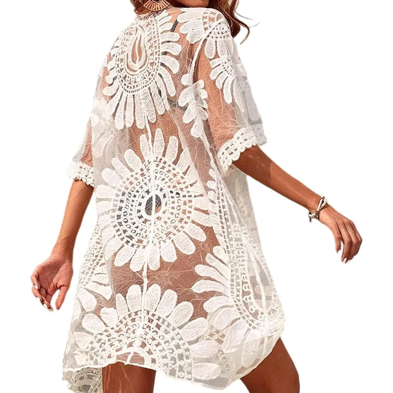 Lace & Embroidery Delight: Sheer Tunic Dress Cover-Up