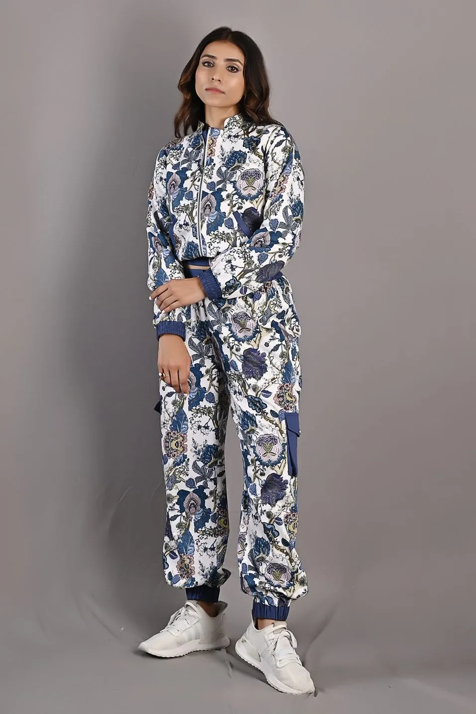 Laurel - Off White & Multi - Blue Printed Bomber Jacket & Pants Set