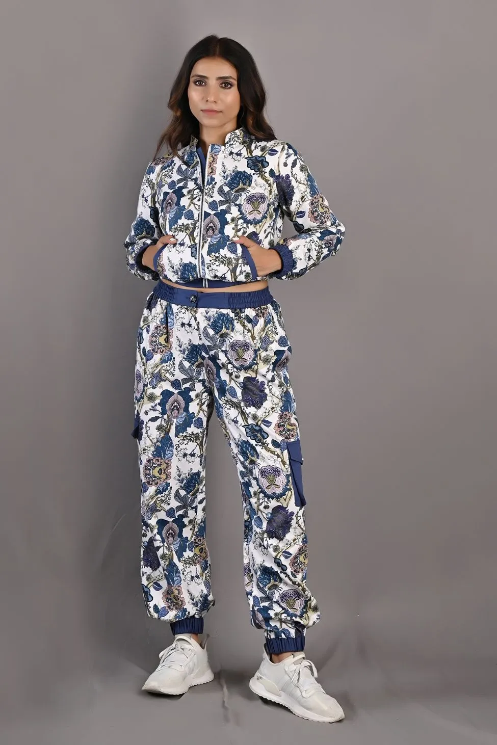 Laurel - Off White & Multi - Blue Printed Bomber Jacket & Pants Set