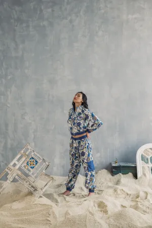 Laurel - Off White & Multi - Blue Printed Bomber Jacket & Pants Set