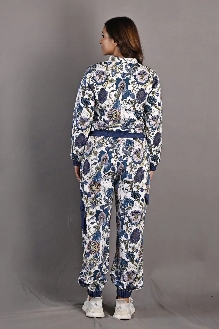 Laurel - Off White & Multi - Blue Printed Bomber Jacket & Pants Set