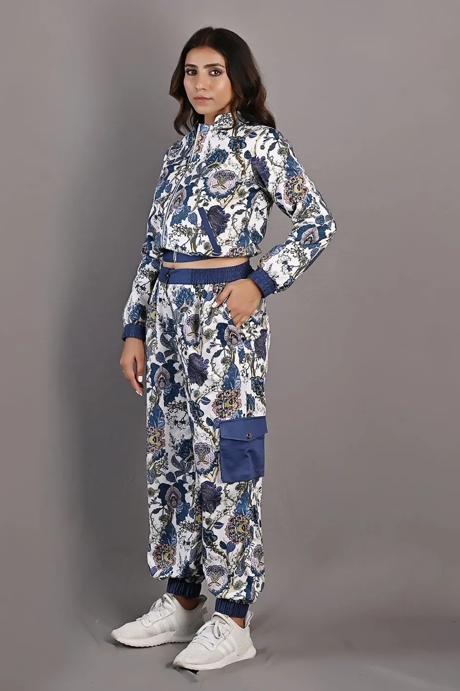 Laurel - Off White & Multi - Blue Printed Bomber Jacket & Pants Set