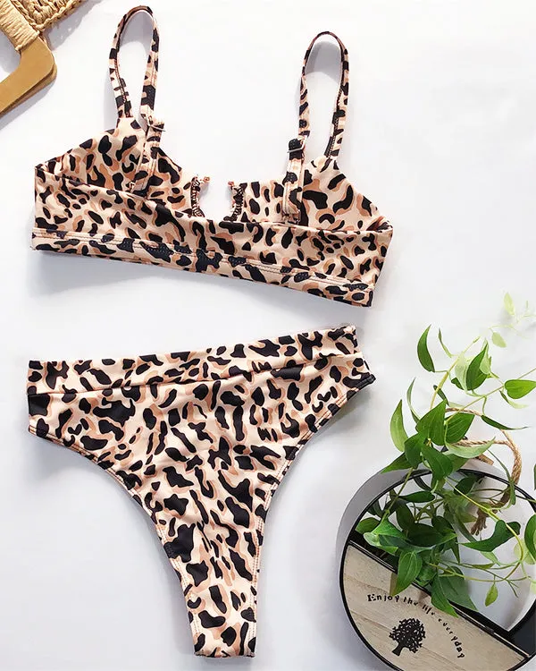 Leopard Print Cut Out High Waisted Bikini Sets