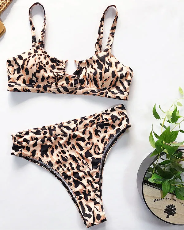 Leopard Print Cut Out High Waisted Bikini Sets