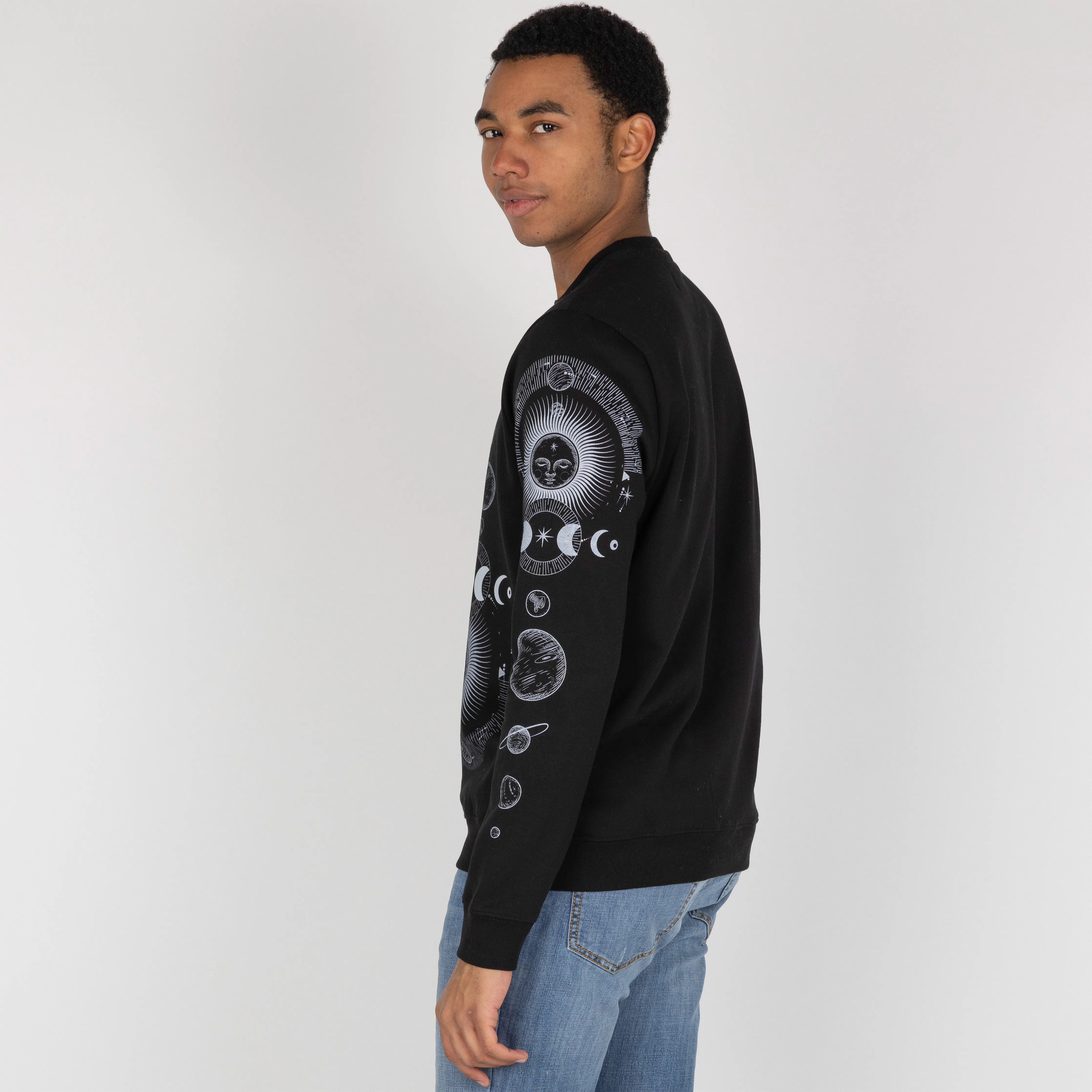 Mens Graphic Wraparound Crewneck Pullover Sweatshirt - Black / Celestial Sun And Moon