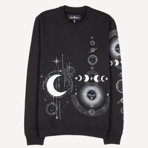 Mens Graphic Wraparound Crewneck Pullover Sweatshirt - Black / Celestial Sun And Moon