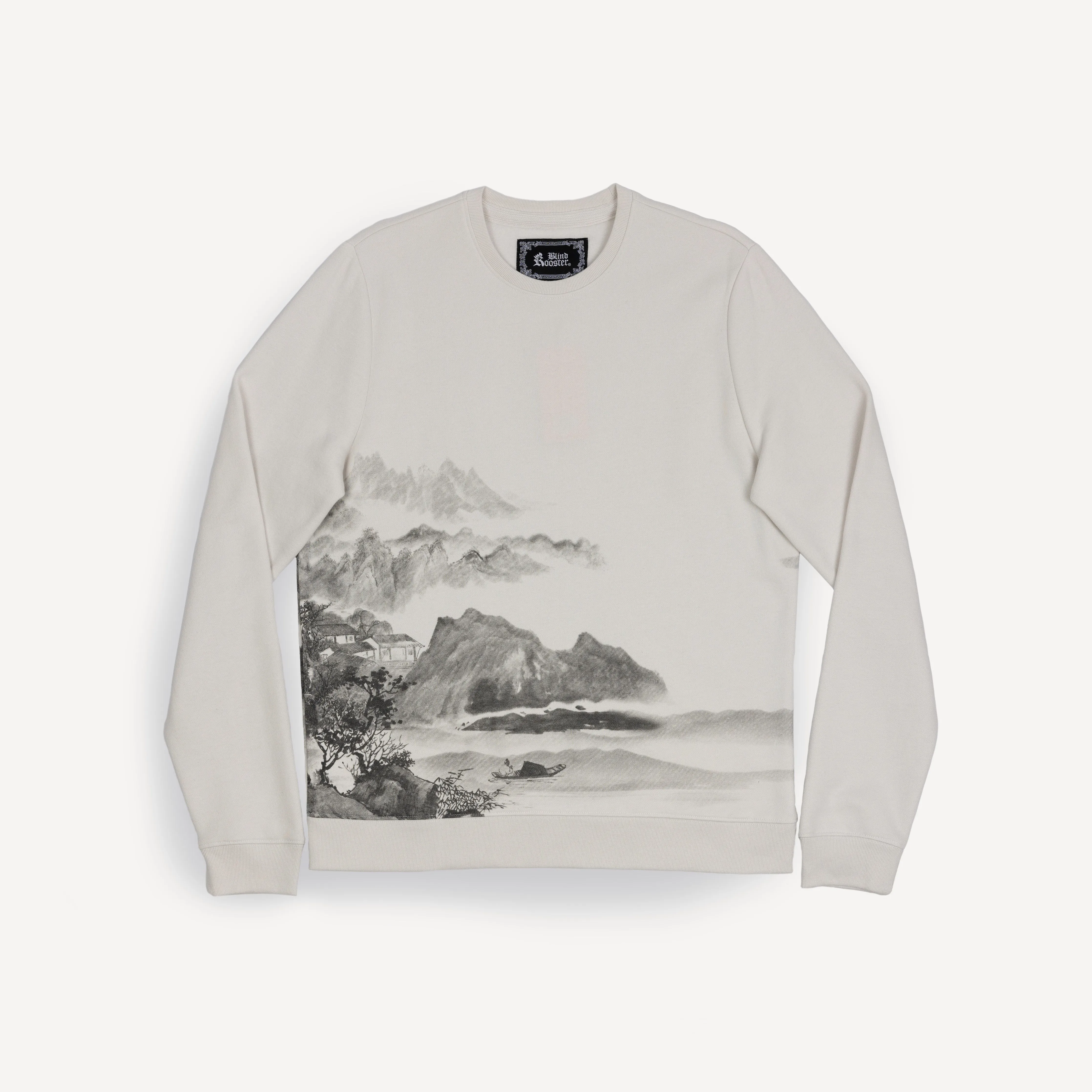 Mens Graphic Wraparound Crewneck Sweatshirt - Oyster Mushroom / Asian Mountain