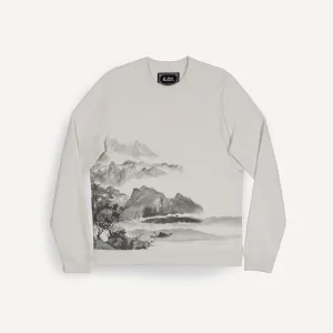 Mens Graphic Wraparound Crewneck Sweatshirt - Oyster Mushroom / Asian Mountain