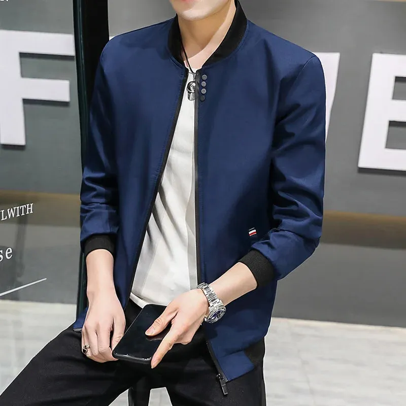 Men's Solid Baseball Neck Zipper Windbreaker Jacket