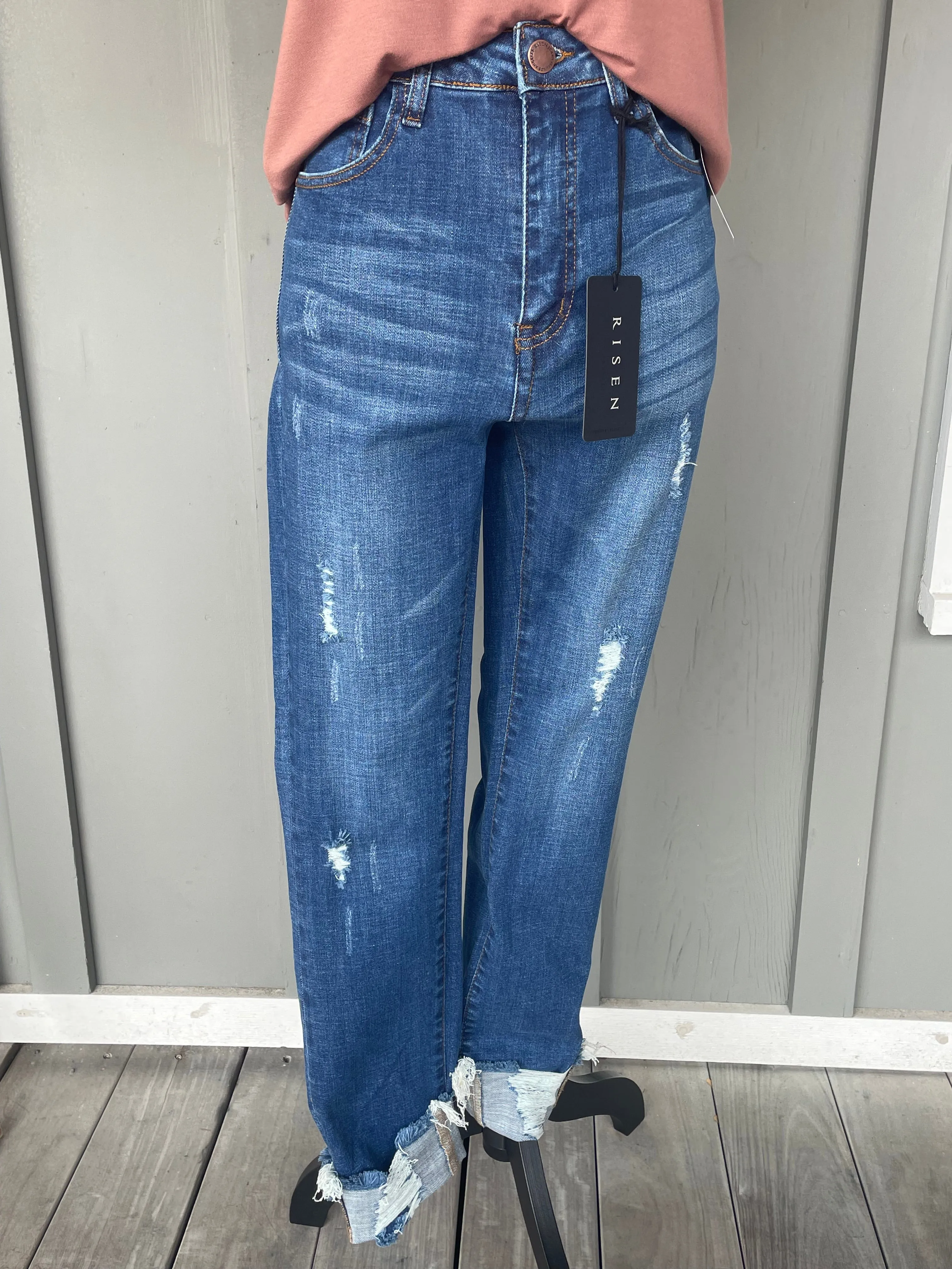 Mid Rise Frayed Cuff Ankle Straight Jeans- Medium