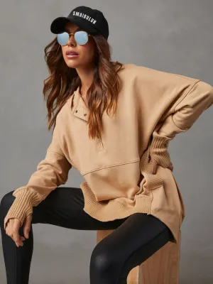 Mindful Pocketed Cotton Henley Hoodie Pullover - Taupe