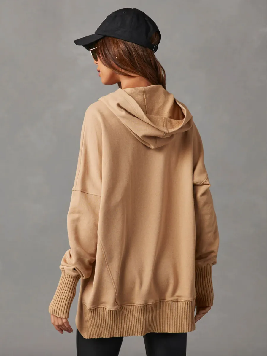 Mindful Pocketed Cotton Henley Hoodie Pullover - Taupe