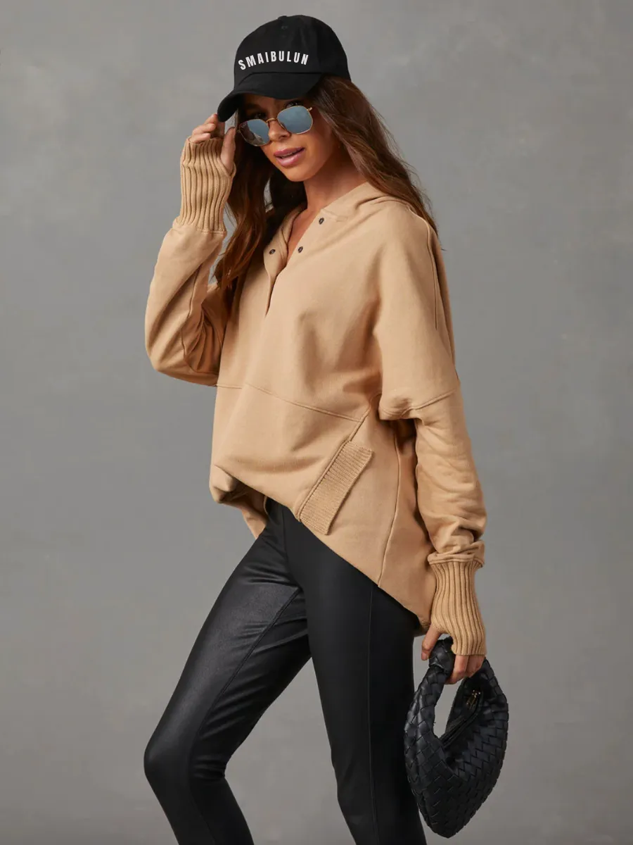 Mindful Pocketed Cotton Henley Hoodie Pullover - Taupe