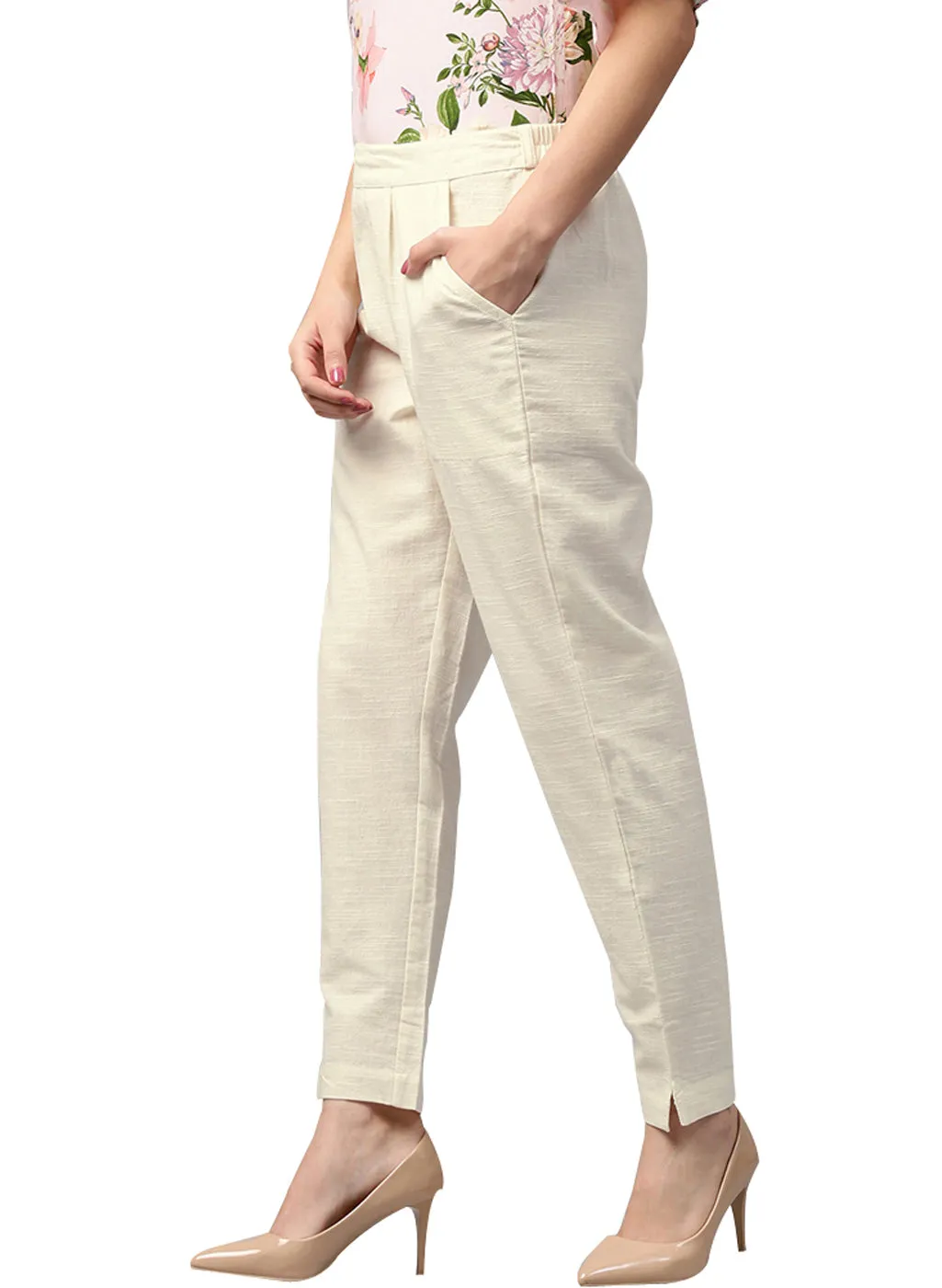 Off-White Solid Cotton Slub Straight Pants