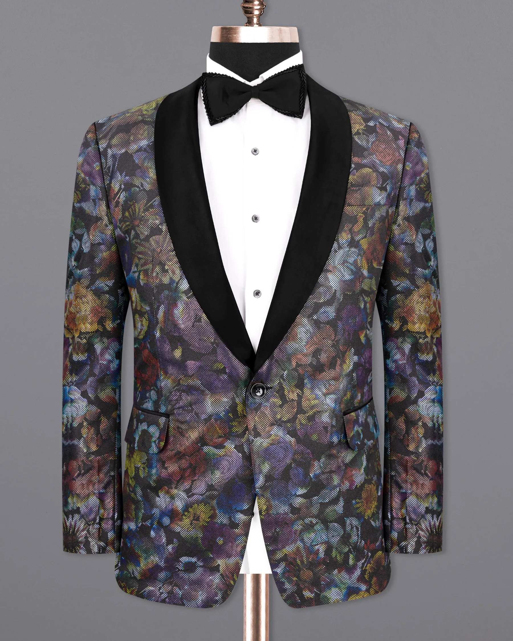Onyx Black With Multicolour Retro Floral Designer Tuxedo Blazer