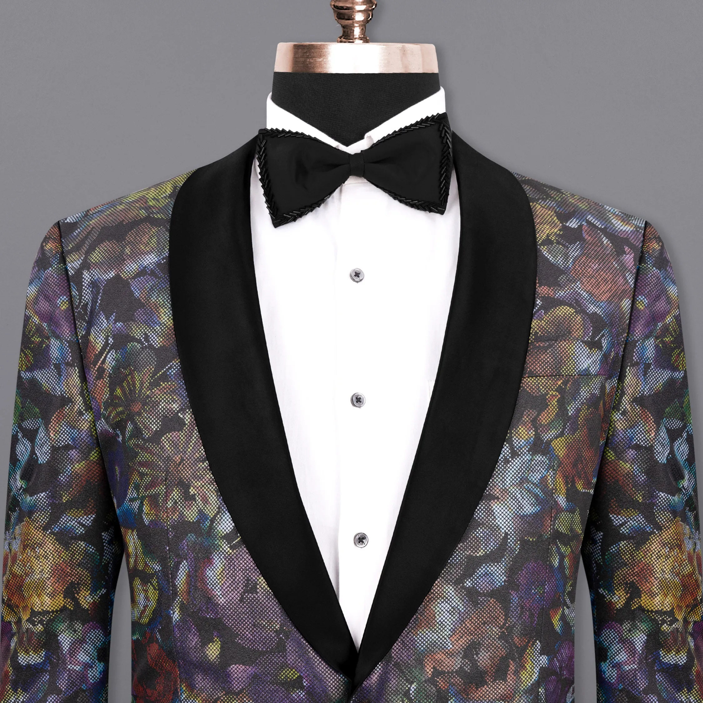 Onyx Black With Multicolour Retro Floral Designer Tuxedo Blazer