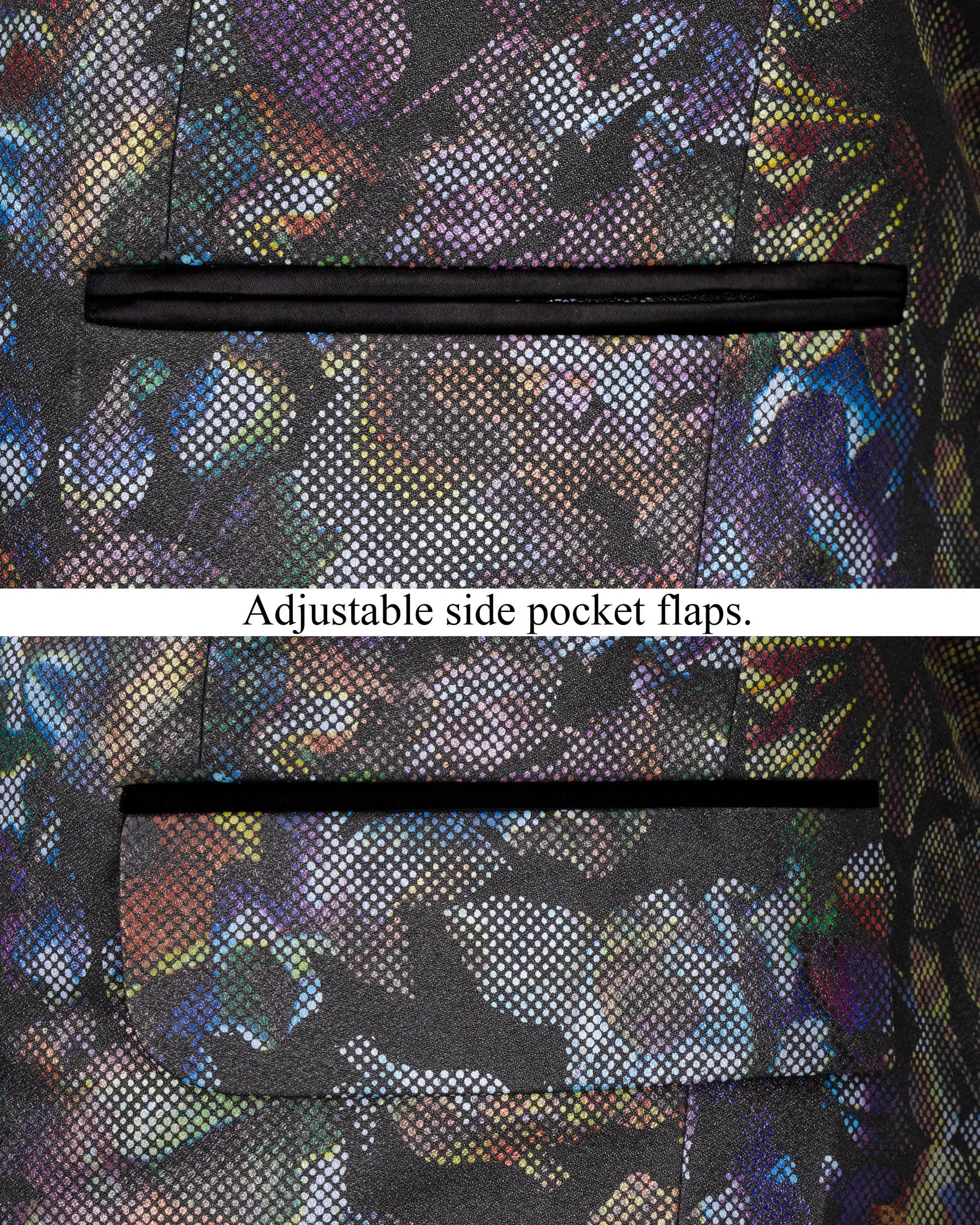 Onyx Black With Multicolour Retro Floral Designer Tuxedo Blazer