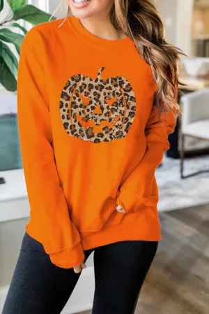 Orange Halloween Leopard Pumpkin Round neck Pullover Sweatshirt