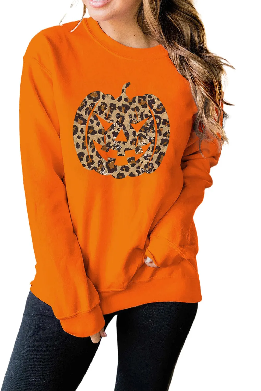 Orange Halloween Leopard Pumpkin Round neck Pullover Sweatshirt