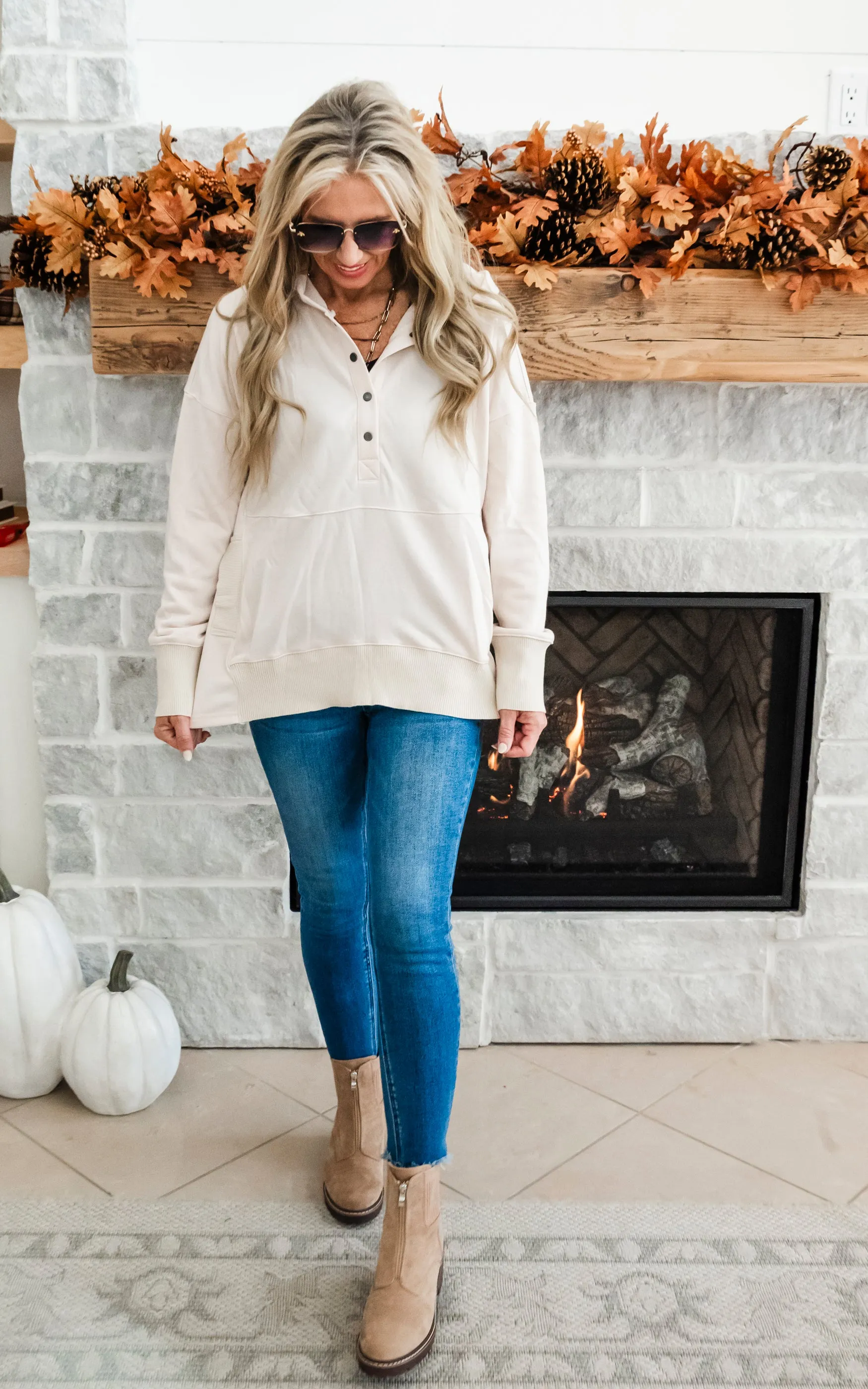 Oversized Drop Shoulder Half Button Knit Hoodie - Oatmeal - Final Sale