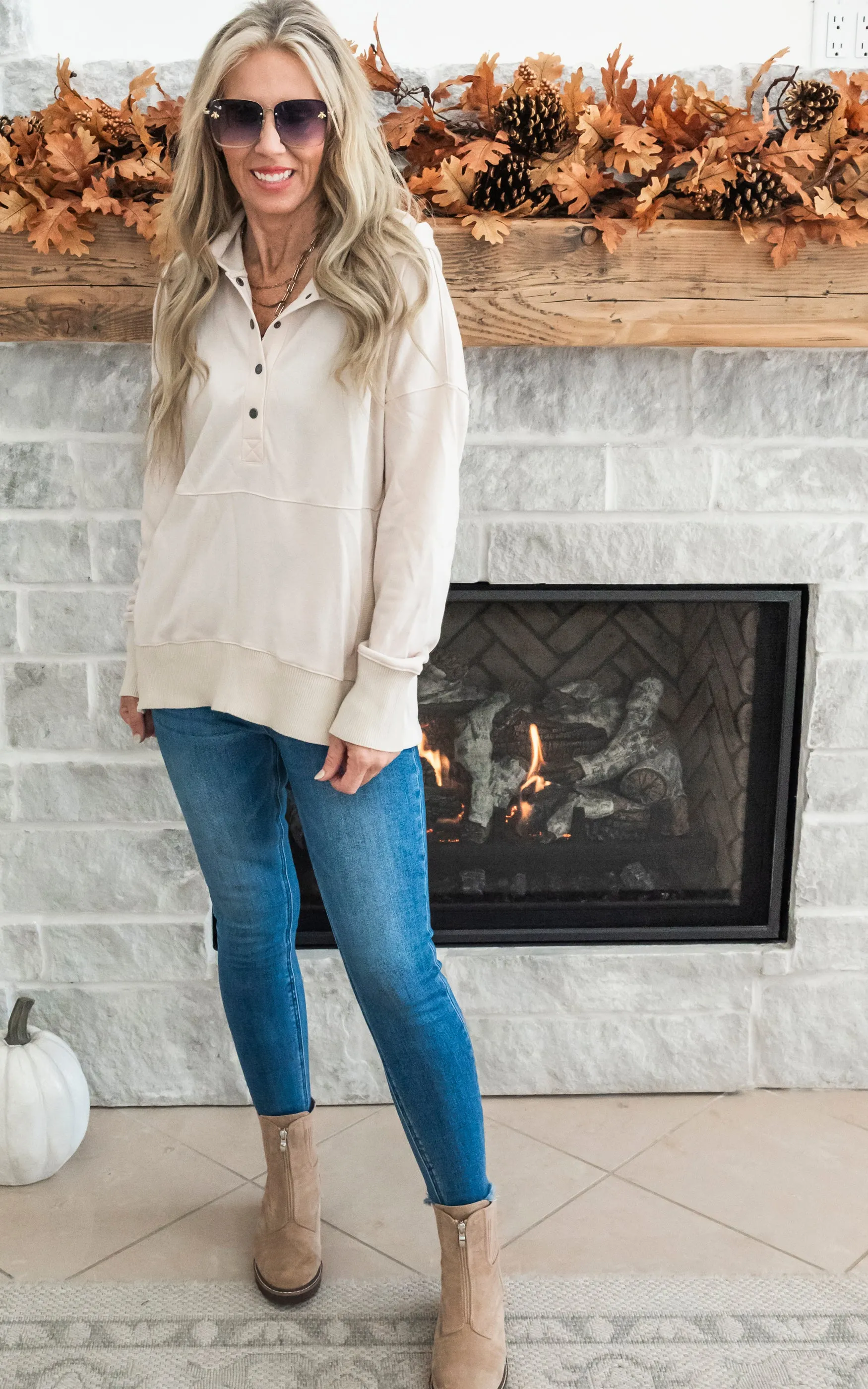 Oversized Drop Shoulder Half Button Knit Hoodie - Oatmeal - Final Sale