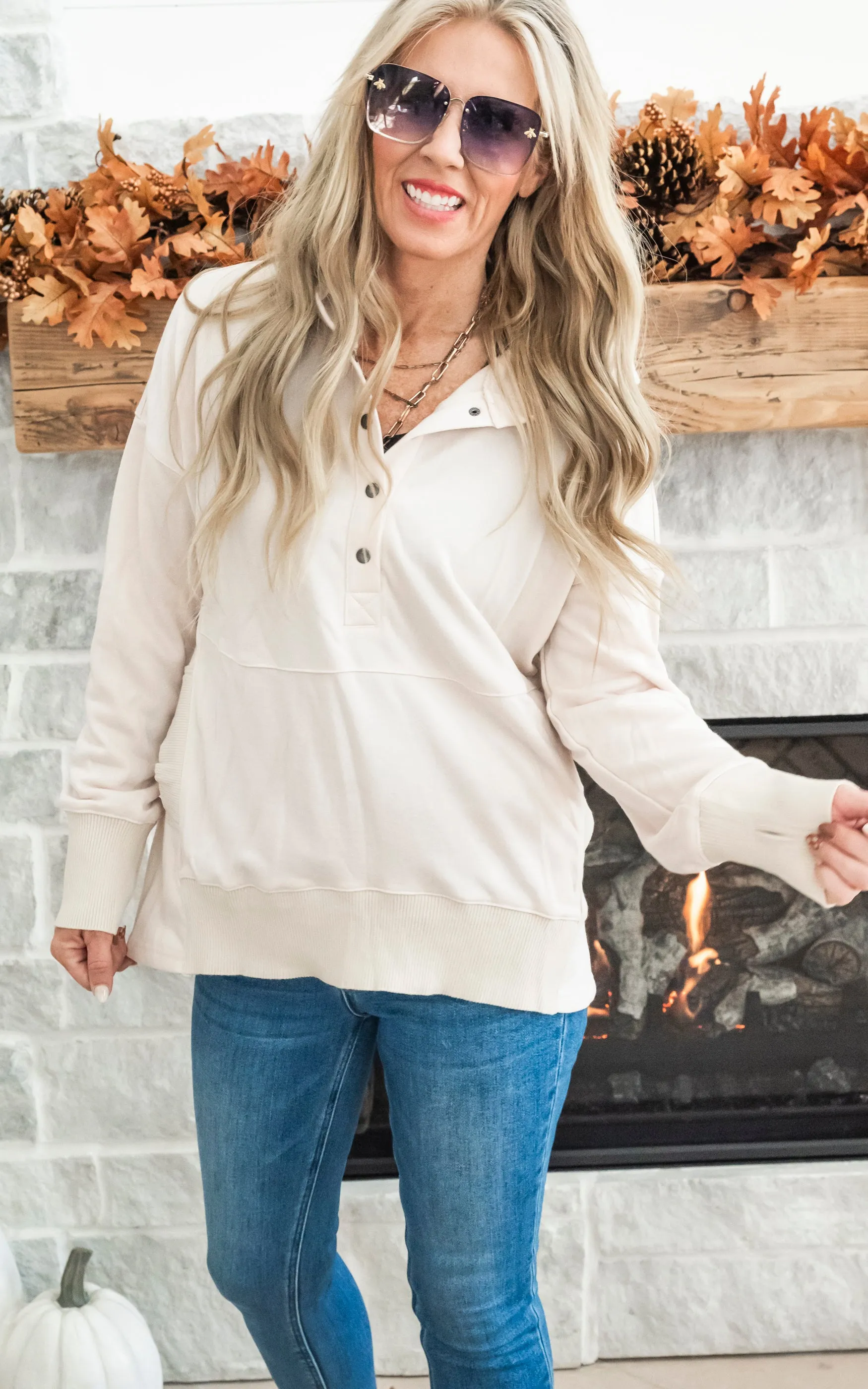 Oversized Drop Shoulder Half Button Knit Hoodie - Oatmeal - Final Sale