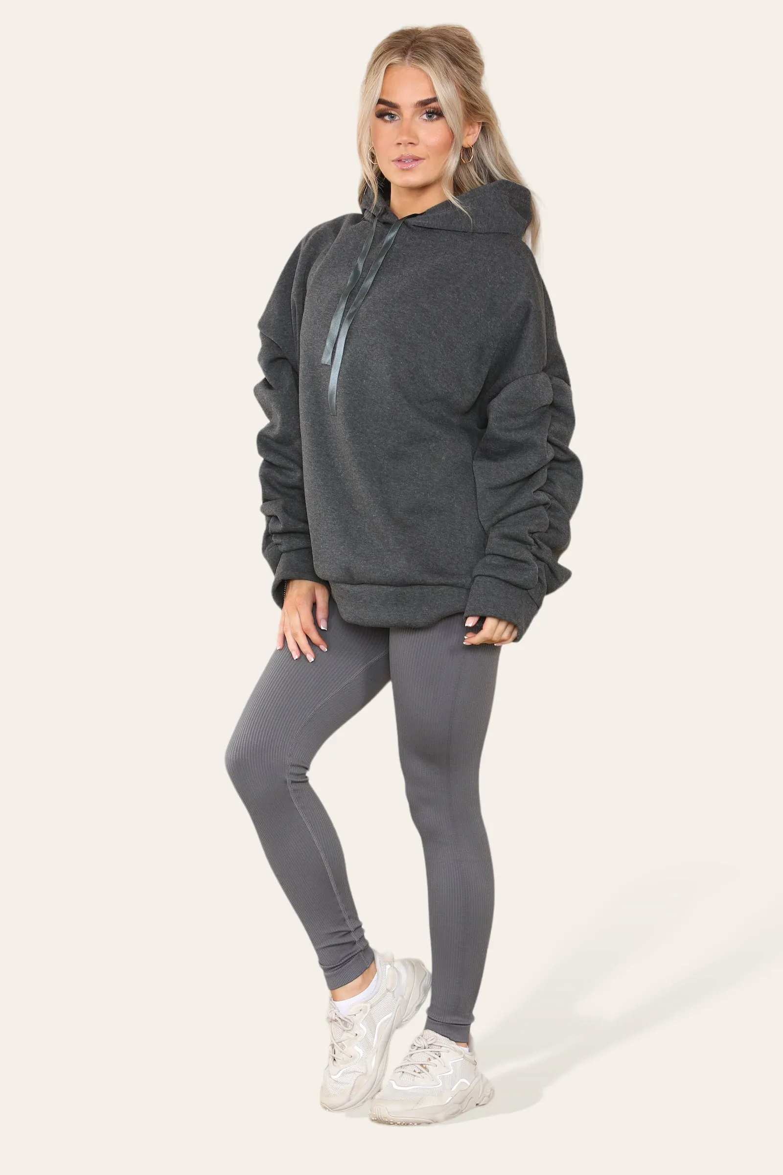 Oversized Ruched Sleeves Hoodie With Satin Ribbon