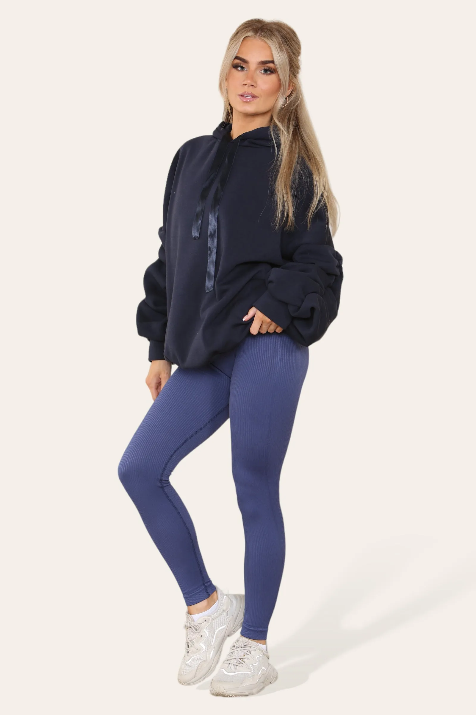 Oversized Ruched Sleeves Hoodie With Satin Ribbon