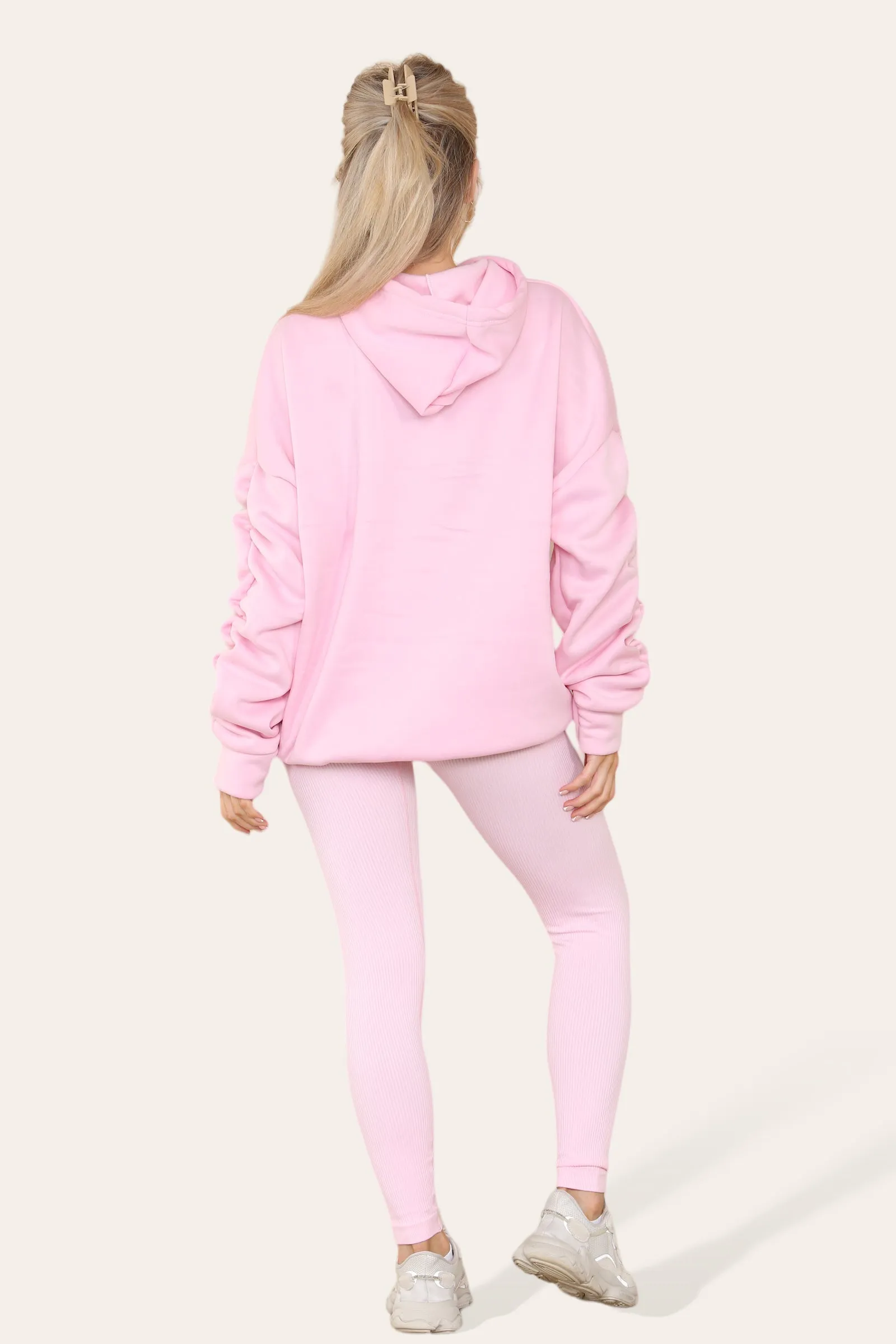 Oversized Ruched Sleeves Hoodie With Satin Ribbon