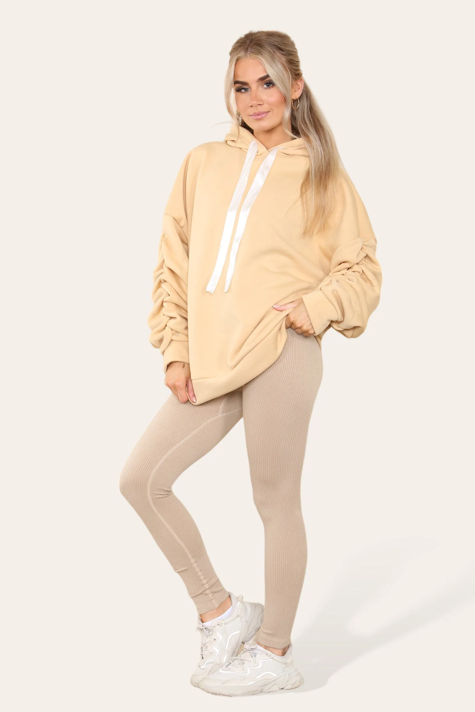 Oversized Ruched Sleeves Hoodie With Satin Ribbon