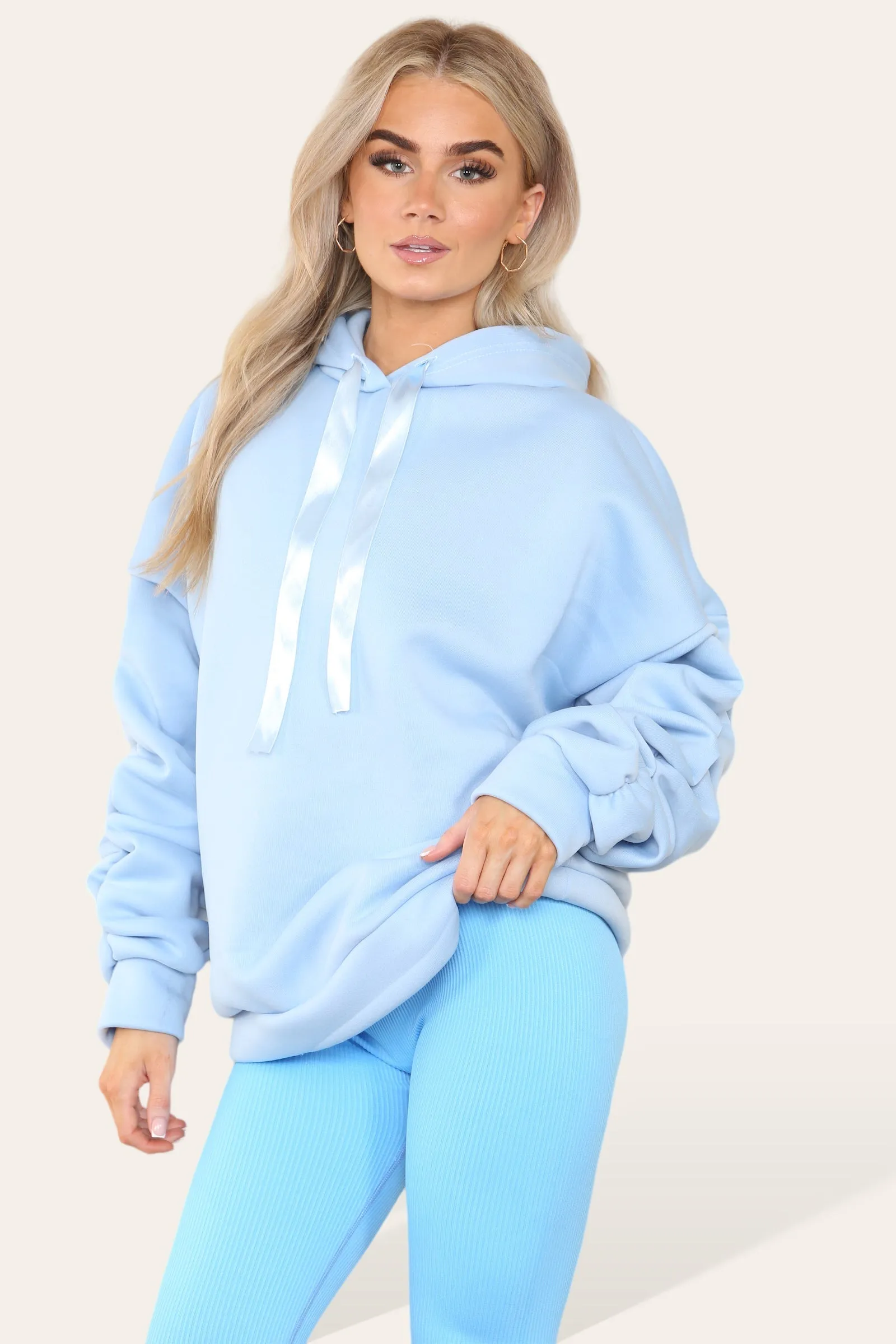 Oversized Ruched Sleeves Hoodie With Satin Ribbon