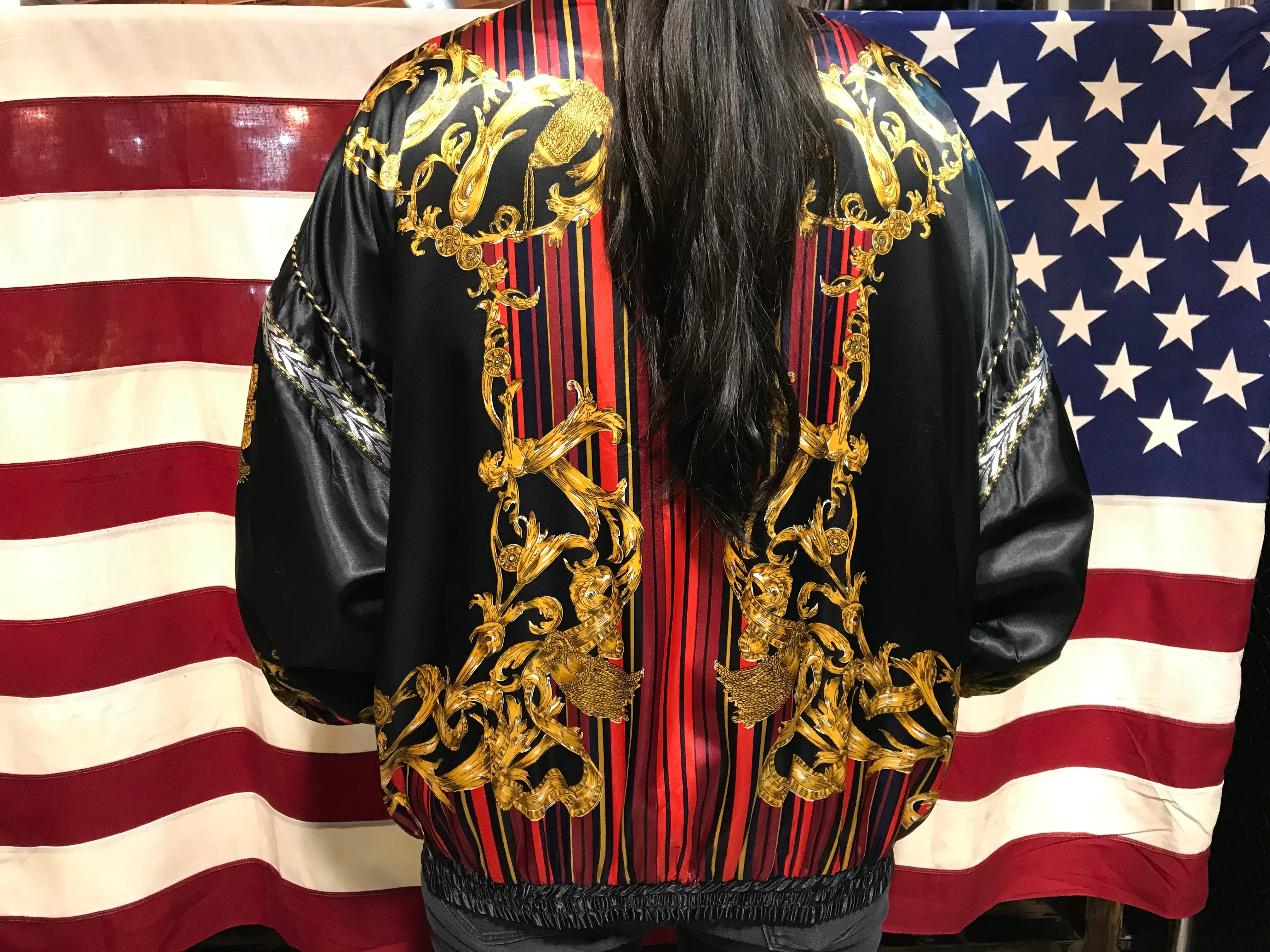 Pattern Versace Style 80’s Print Vintage Satin Poly Bomber Jacket