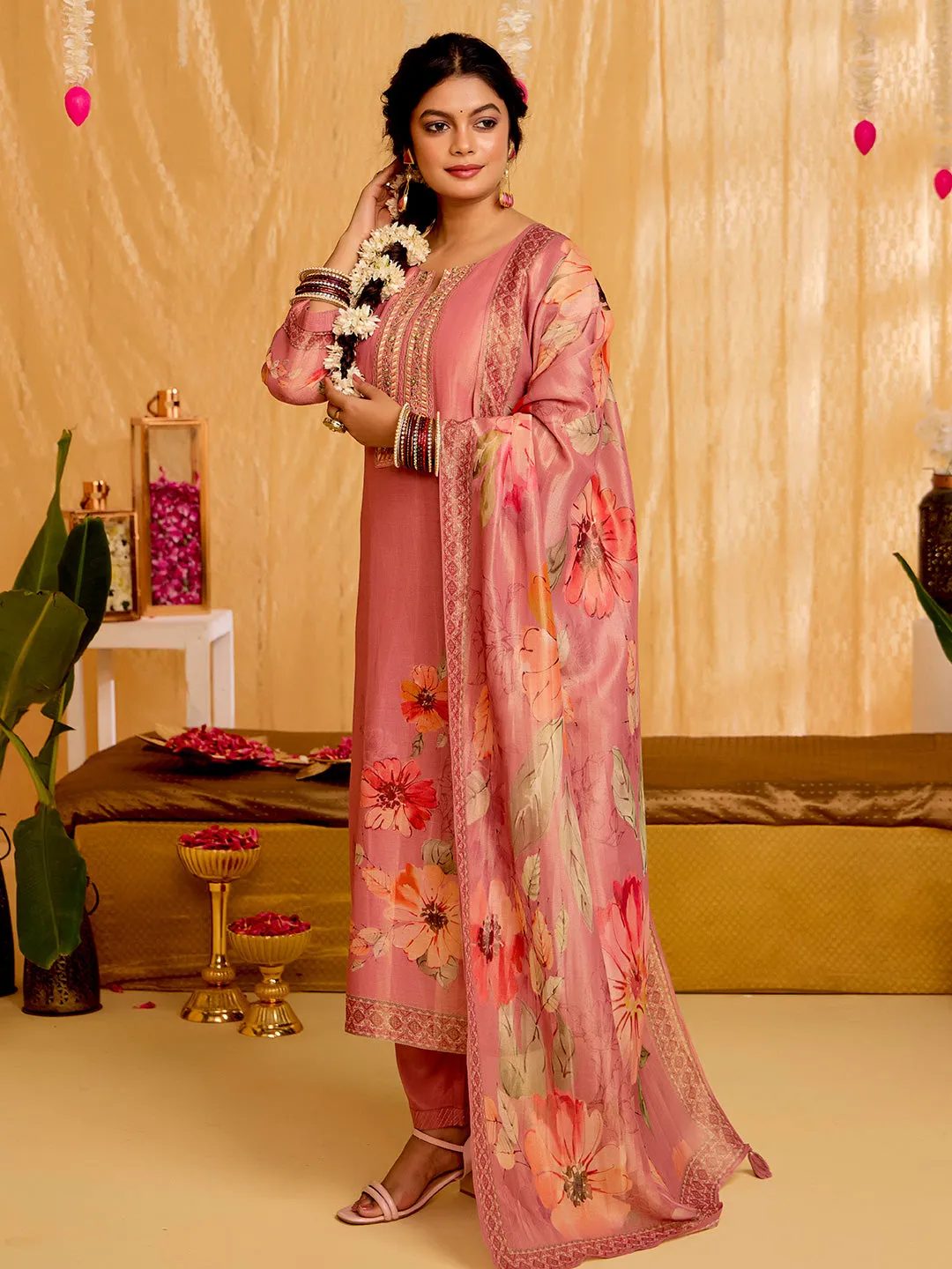 Peach Floral Printed Embroidered Kurta Set With Dupatta