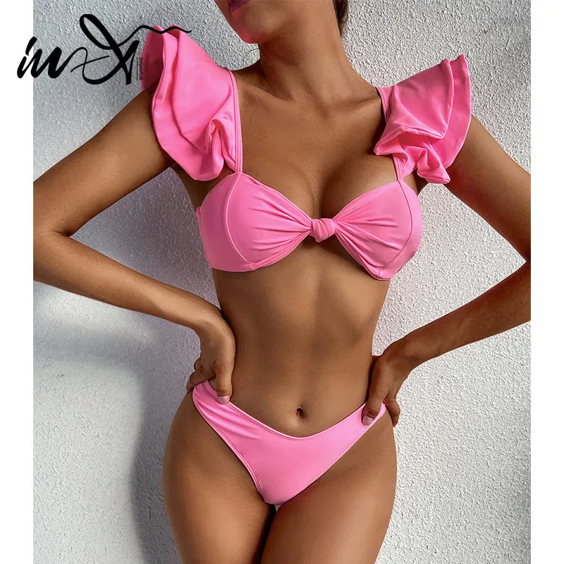 Personality Solid Color Ruffle Swimsuit Female trendy Sexy Bikini New Swimwear 2 Piece Sets Womens Bikini Set Bathing Suit