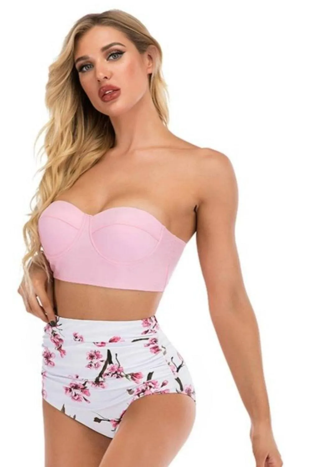 Pink Floral Bikini High Waisted Bustier Bra Two-Piece Swimsuit