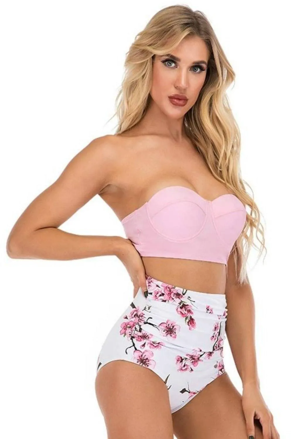 Pink Floral Bikini High Waisted Bustier Bra Two-Piece Swimsuit