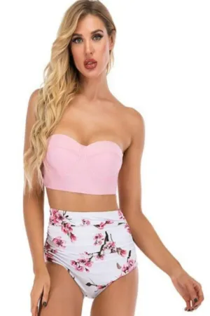 Pink Floral Bikini High Waisted Bustier Bra Two-Piece Swimsuit