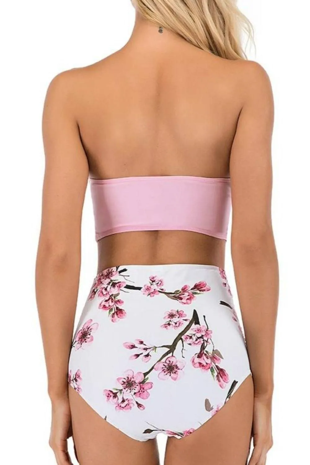 Pink Floral Bikini High Waisted Bustier Bra Two-Piece Swimsuit