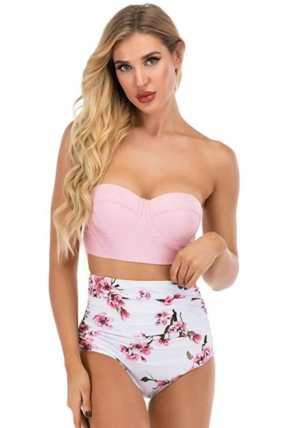 Pink Floral Bikini High Waisted Bustier Bra Two-Piece Swimsuit