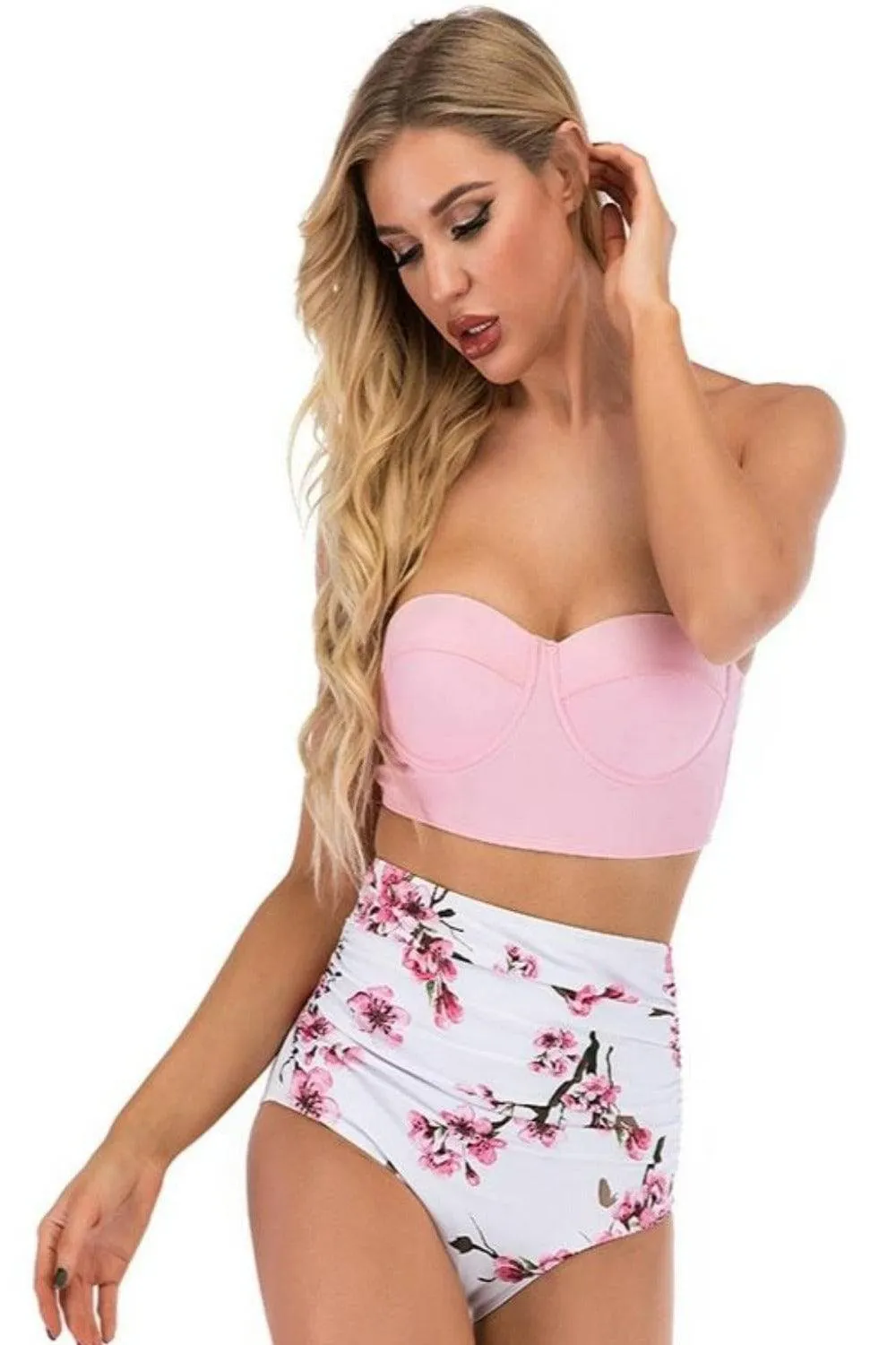 Pink Floral Bikini High Waisted Bustier Bra Two-Piece Swimsuit