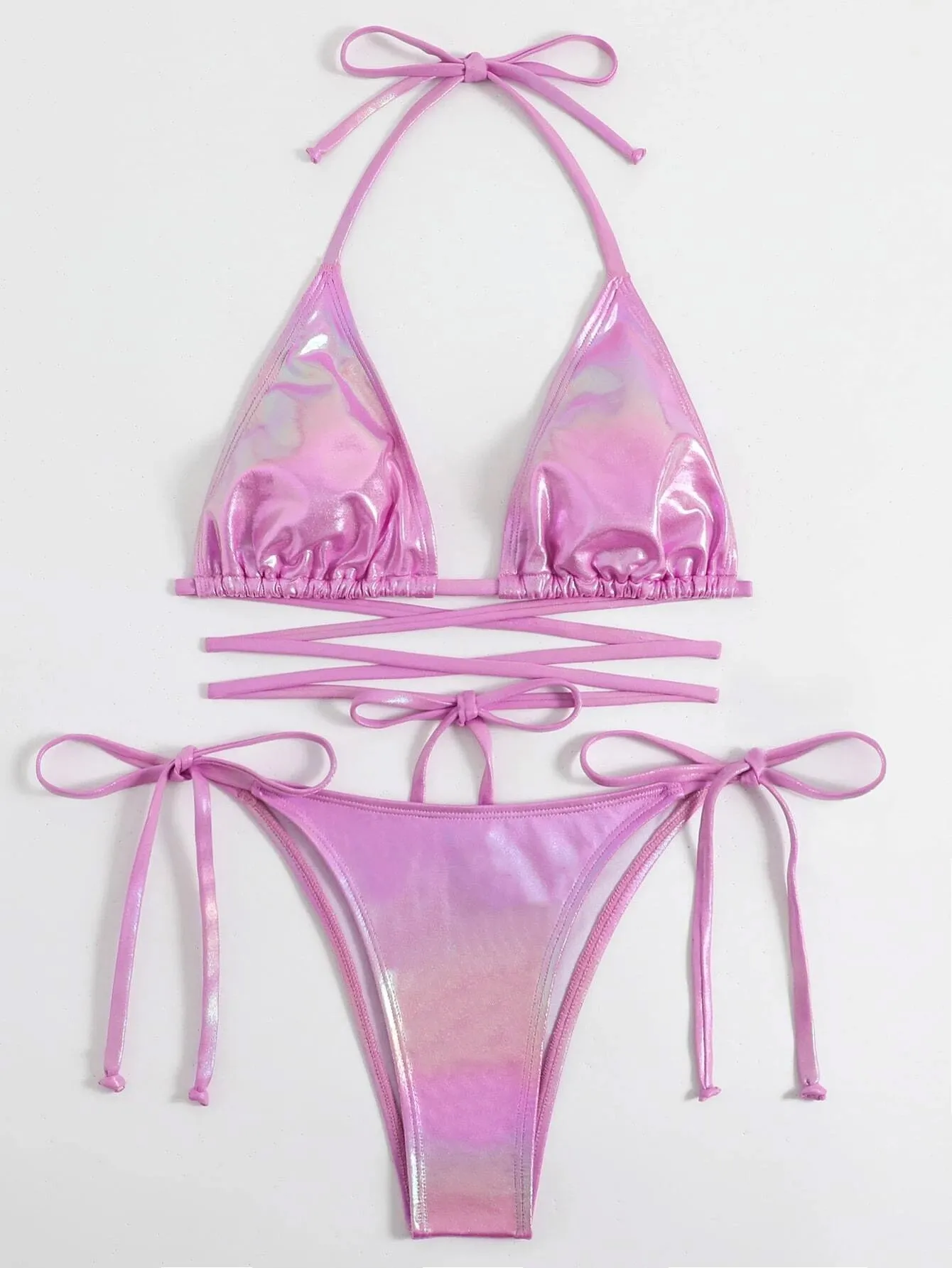 Pink Metallic Halter Triangle Bikini Set
