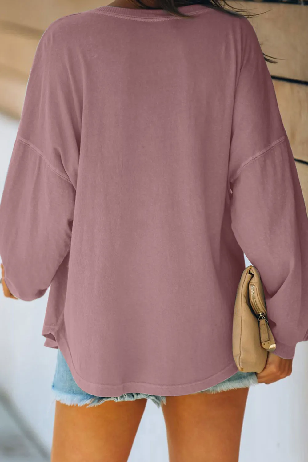 Pink Not Today Letter Print Button V Neck Sweatshirt