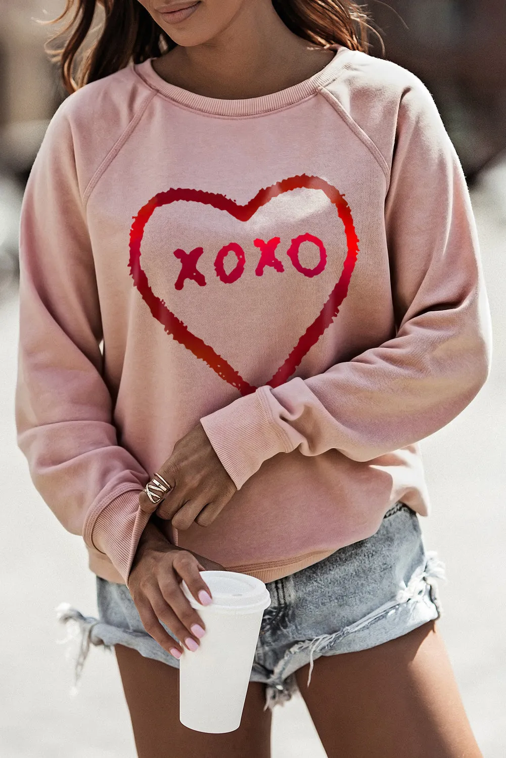 Pink XOXO Heart Shaped Glitter Print Long Sleeve Sweatshirt